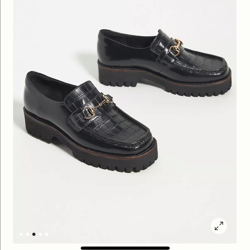 INTENTIONALLY BLANK Black Croc-Embossed Chunky Lug Loafers with Gold Hardware